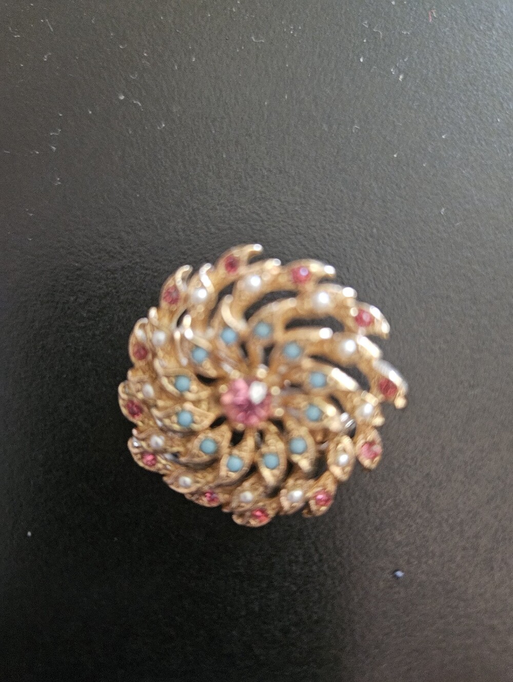 Gold-Tone Floral Swirl Brooch with Pink and Turquoise Stones